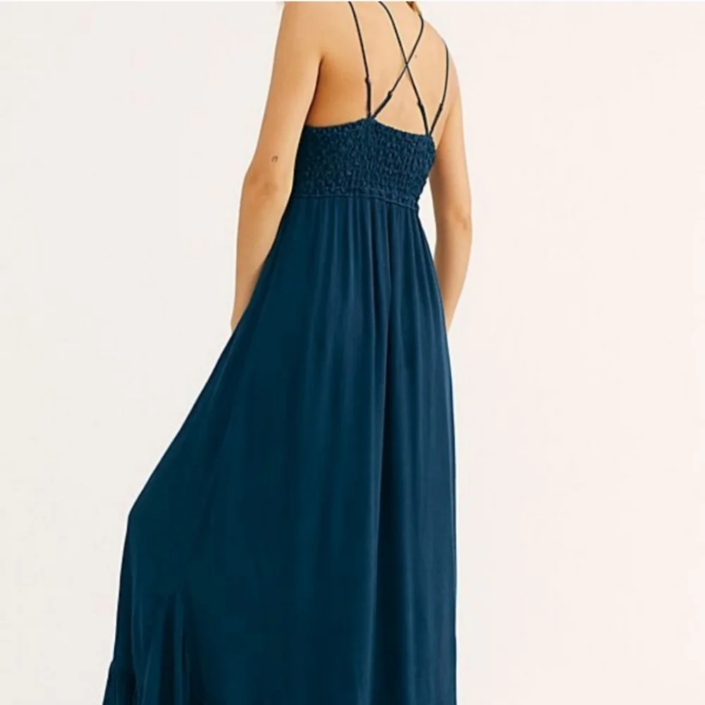 Free People adella maxi dress spaghetti strap crochet navy/dk teal - Picture 3 of 7